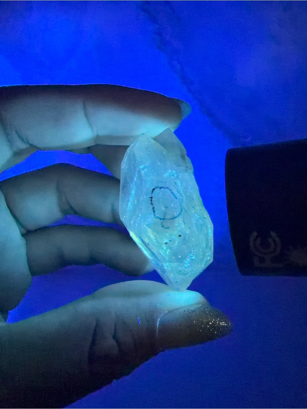 Blue & Green UV Reactive Enhydro Quartz Crystal, Carbon Inclusion Quartz,A599